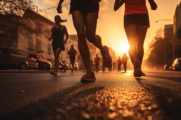 La gente corre una carrera de maratón con los pies en la carretera de la ciudad en una hermosa puesta de sol