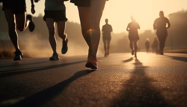 Gente corriendo por una carretera con la puesta de sol detrás de ellos