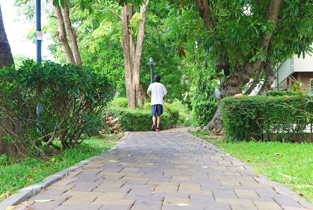 Gente corriendo por un sendero pavimentado en el jardín