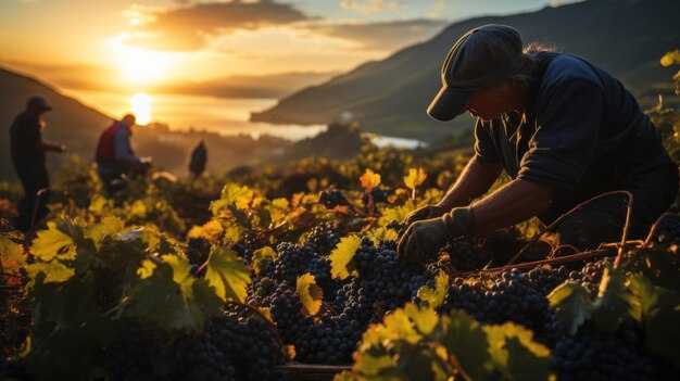 Foto la gente cosecha uvas en el jardín al amanecer