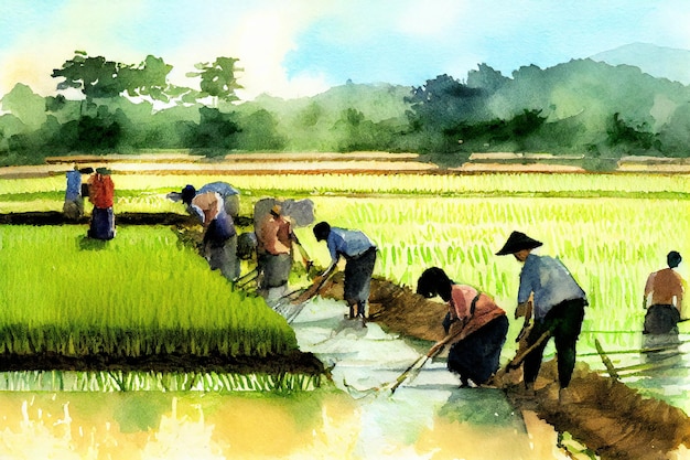 Gente cosechando Campo de arroz Acuarela