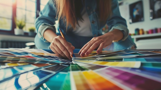 La gente creativa en el lugar de trabajo Vista de cerca de las manos de una joven diseñadora que trabaja con IA generativa