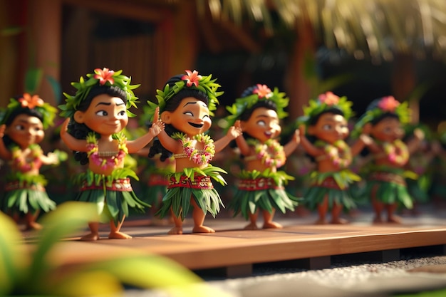 Foto gente de dibujos animados en una clase de baile de hula hawaiano oc