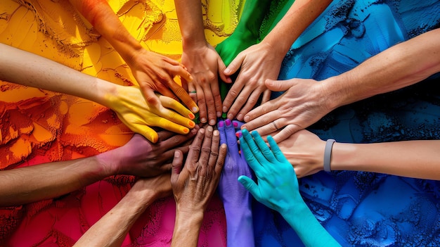 Gente de diferentes razas y colores de piel uniendo sus manos sobre un fondo de arco iris