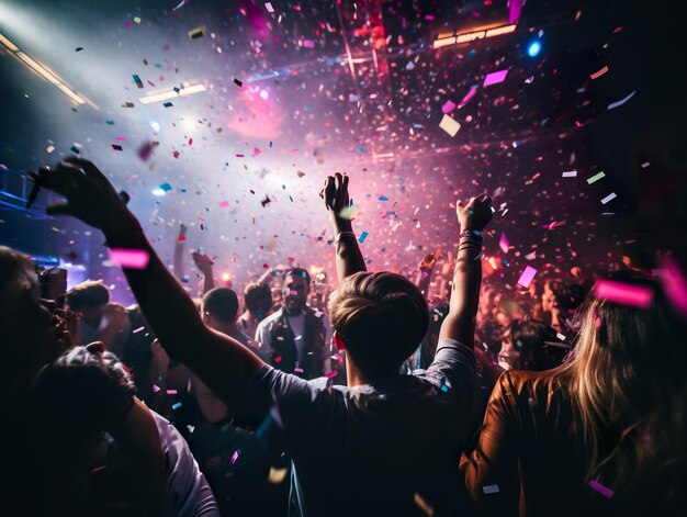 La gente de la discoteca disfrutando de una fiesta, un club nocturno con luz rosa de neón, un grupo de amigos bailando, disfrutando una fiesta nocturna, bailando en el club, la vida nocturna.