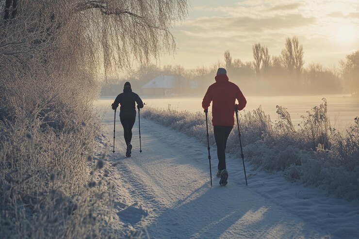 Gente disfrutando de una caminata de invierno en un sendero nevado en un paisaje sereno IA generativa