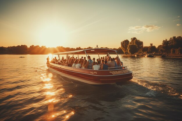 Gente disfrutando de un crucero en barco al atardecer