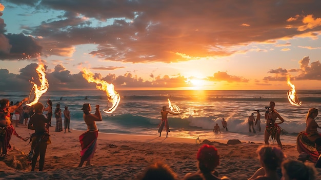 Foto la gente está disfrutando de un espectáculo de baile de fuego en la playa el sol se está poniendo y las olas se están estrellando en la orilla