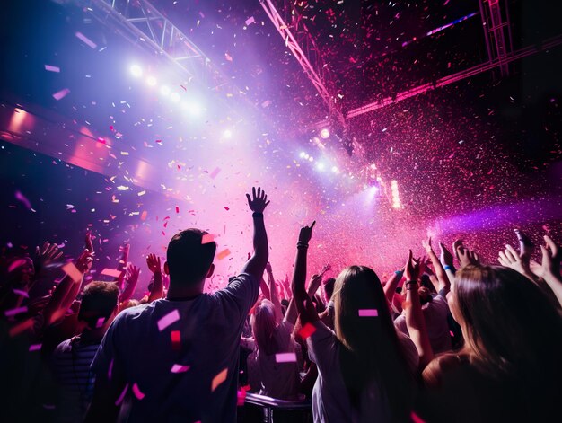 Gente disfrutando de una fiesta en un club nocturno con luz rosa de neón Grupo de amigos bailando disfrutando la noche