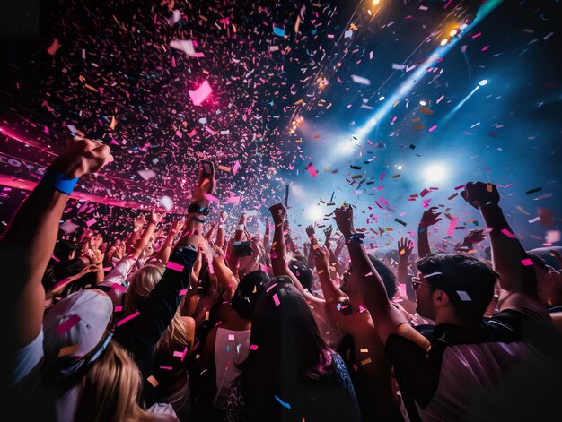 Foto gente disfrutando de una fiesta en un club nocturno con luz rosa de neón grupo de amigos bailando disfrutando