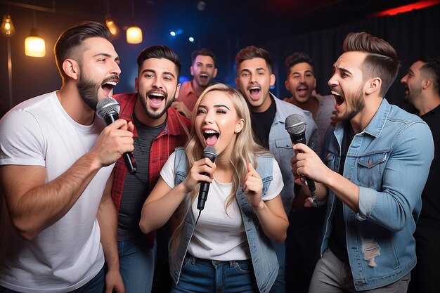 Foto la gente se divierte con el karaoke.