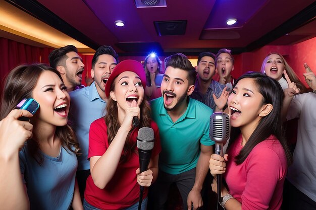 Foto la gente se divierte con el karaoke.