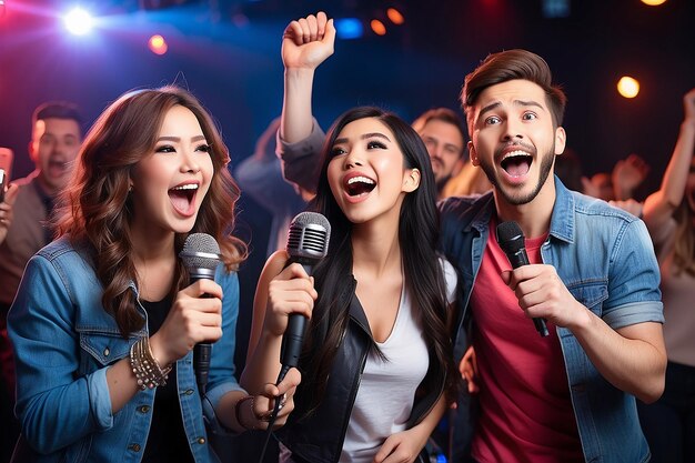 Foto la gente se divierte con el karaoke.