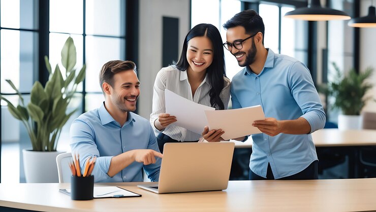 Gente ejecutiva feliz y ocupada trabajando juntos en la oficina