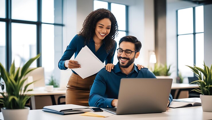 Gente ejecutiva feliz y ocupada trabajando juntos en la oficina