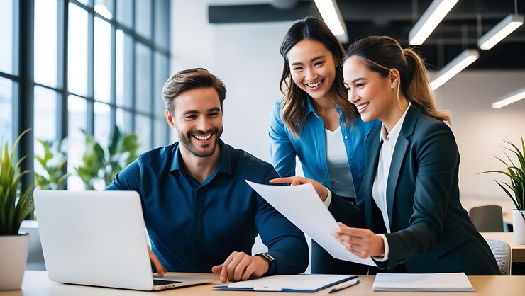 Gente ejecutiva feliz y ocupada trabajando juntos en la oficina