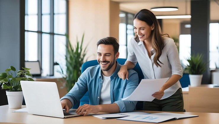 Gente ejecutiva feliz y ocupada trabajando juntos en la oficina
