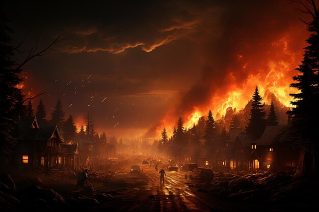 La gente en escenas con condiciones climáticas extremas fuego y humo algunas casas destruidas y árboles fa