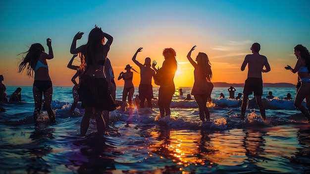 La gente está bailando y divirtiéndose en el agua en una fiesta de playa el sol se está poniendo y el cielo es de un naranja brillante