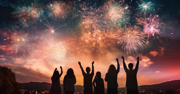 La gente está en la cima de la colina para ver los fuegos artificiales en la ciudad