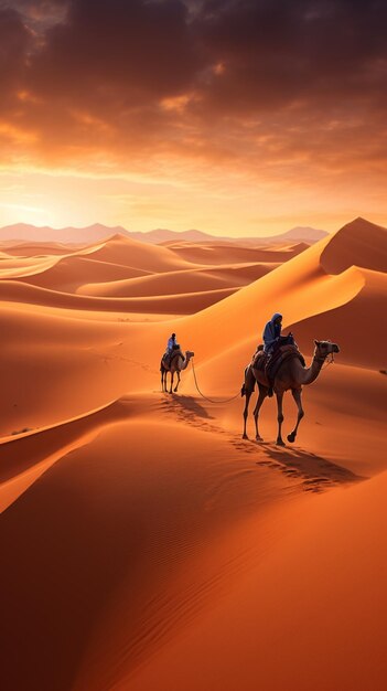 La gente está montando camellos en el vasto desierto.