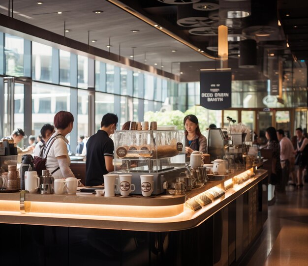 la gente está de pie en un mostrador en un restaurante con muchas ventanas generativa ai