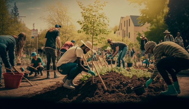 La gente está plantando árboles en el jardín Generativo Ai