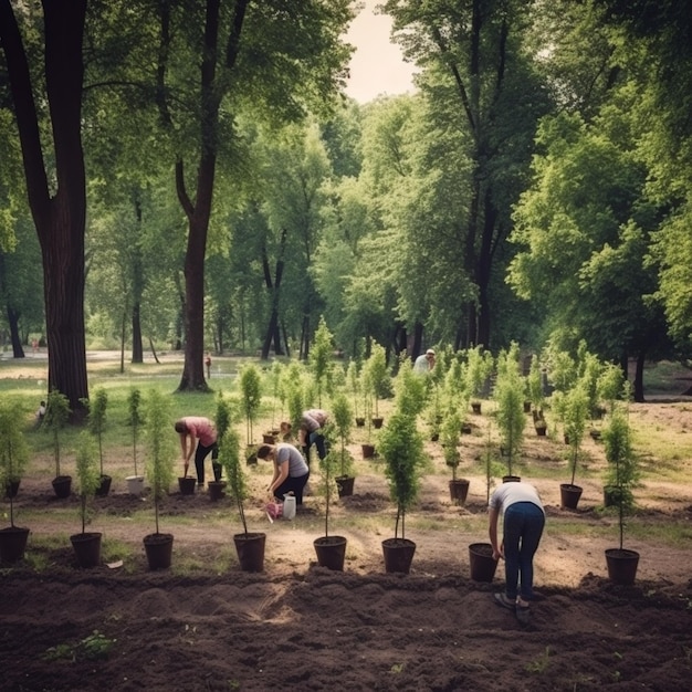 la gente está plantando árboles en el parque verde