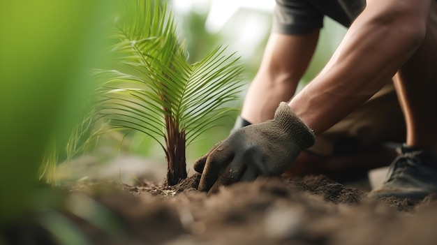 La gente está plantando palmeras de cerca