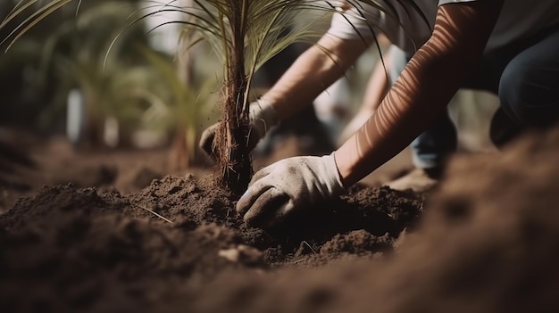 La gente está plantando palmeras de cerca