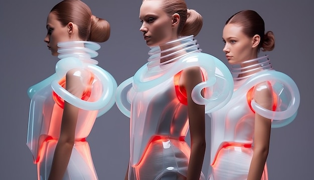 la gente está usando ropa de moda futurista en el futuro