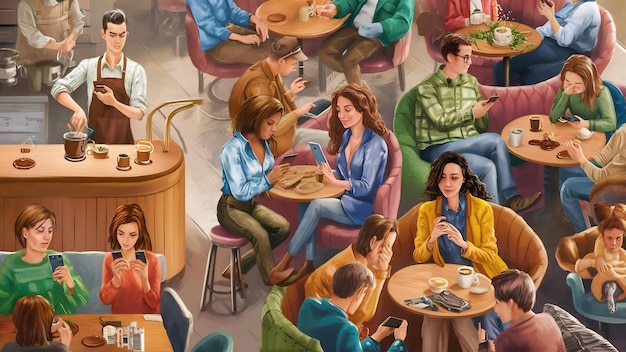 Foto la gente del estilo de vida del café usa el teléfono inteligente para buscar y chatear en la cafetería