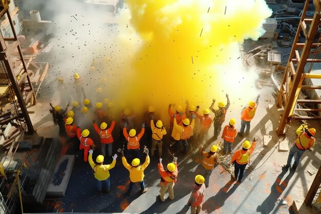 La gente en una etapa de construcción de edificios en amarillo celebra el festival