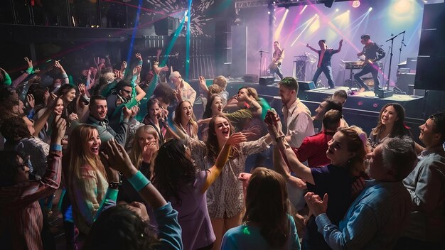 Gente feliz bailando en un concierto de fiesta en un club nocturno