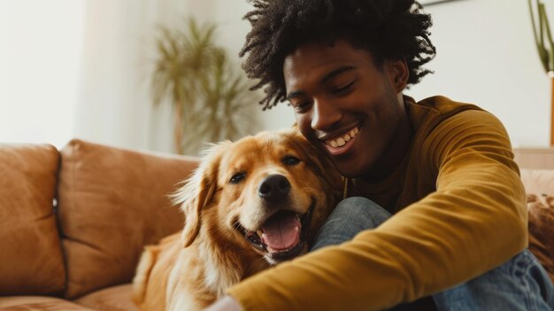 gente feliz en casa con mascota favorita amor y amistad pragma