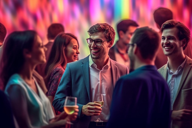 Gente feliz hablando con diferentes personas en un evento en una sala de conferencias de colores brillantes con IA generativa