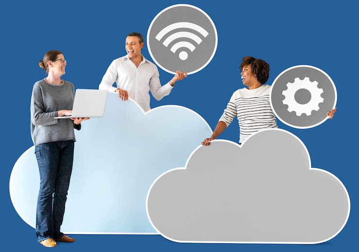 Foto gente feliz con iconos de nube y tecnología