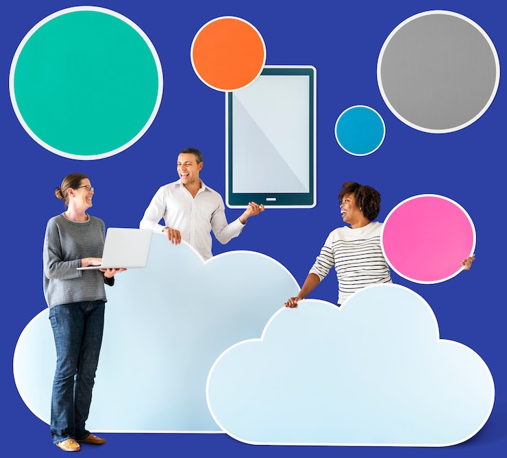 Foto gente feliz con iconos de tecnología y nube