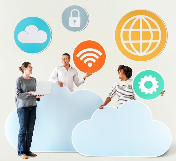 Foto gente feliz con iconos de tecnología y nube