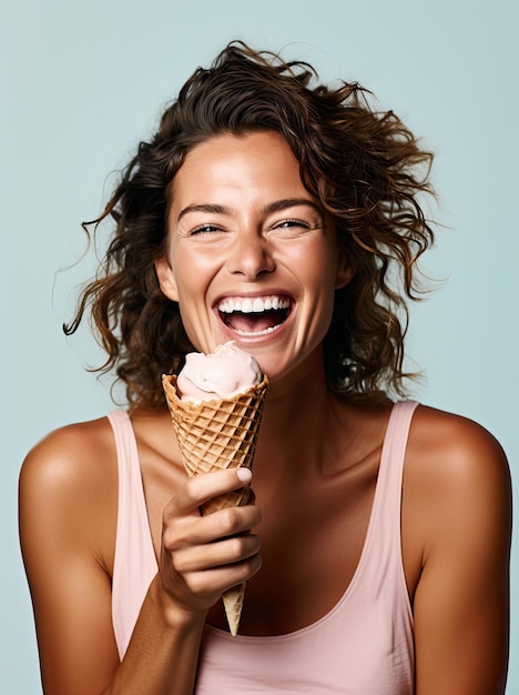 Gente feliz mujer sonriendo y sosteniendo un helado