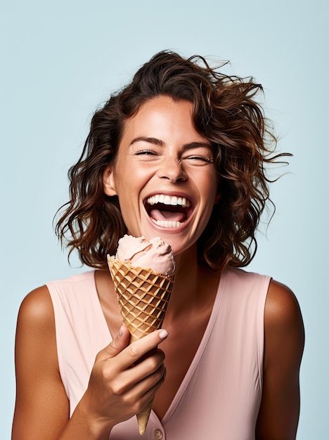 Gente feliz mujer sonriendo y sosteniendo un helado