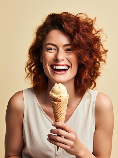 Gente feliz mujer sonriendo y sosteniendo un helado