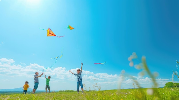 Gente feliz en la naturaleza volando cometas bajo un cielo pintoresco en un paisaje de hierba AIG41