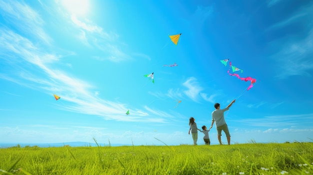 Gente feliz en la naturaleza volando cometas bajo un cielo pintoresco en un paisaje de hierba aig
