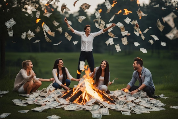 la gente feliz quema arroja dinero en efectivo a la basura o al viento a medida que llega la moneda digital
