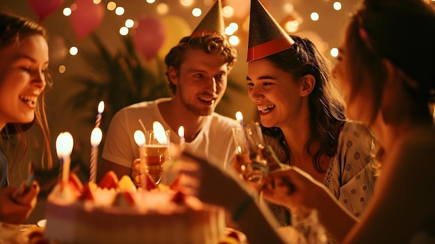 Gente feliz con sombrero de cumpleaños fiesta Un grupo alegre de amigos celebrando el cumpleaños de un niño