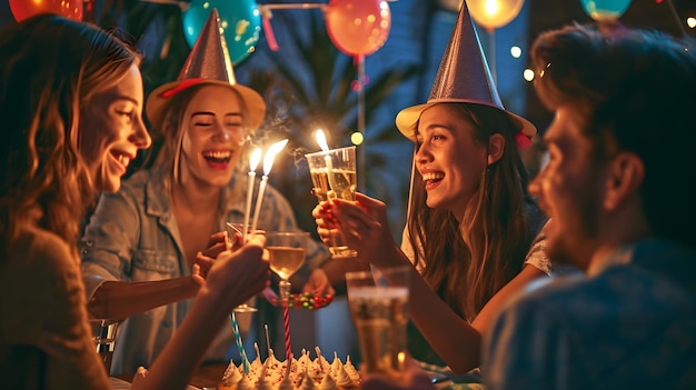 Gente feliz con sombrero de cumpleaños fiesta Un grupo alegre de amigos celebrando el cumpleaños de un niño