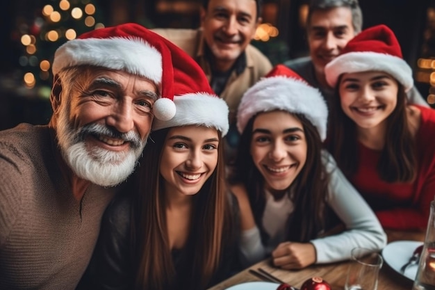 Foto la gente feliz toma una foto selfie familiar juntos durante la cena de navidad