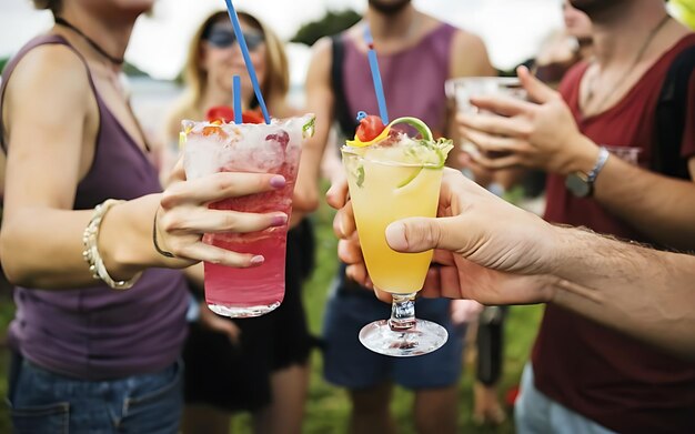 La gente en el festival sostiene cócteles alcohólicos en sus manos