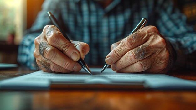 Gente firmando un contrato de seguro dos hombres escribiendo con bolígrafos en una oficina moderna mañana luz color vintage éxito de socios de negocios concepto.